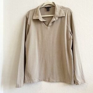 Banana‎ Republic Shirt Mens Large Tan White Henley Collared Long Sleeve
